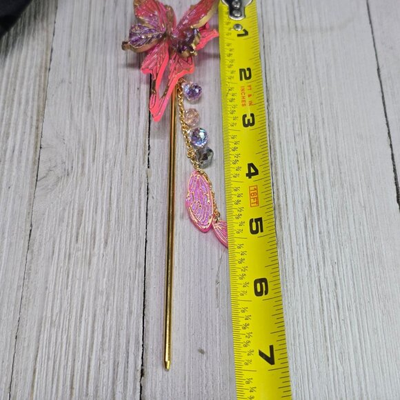 Handmade Delicate Gold and Pink Butterfly Hair Stick w/ Wings and Crystal 7" L - Picture 7 of 8